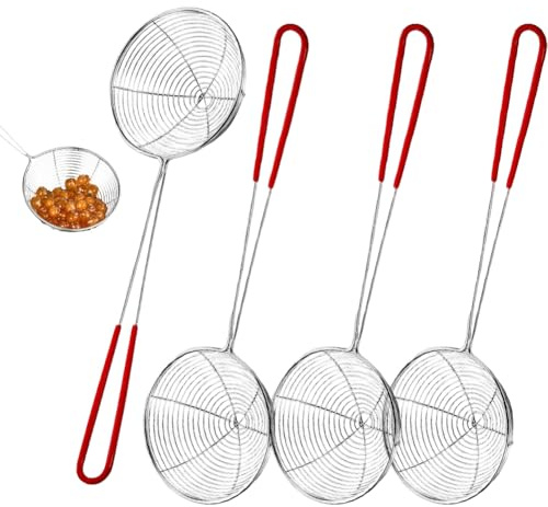 4 cucharas espumosas, espumaderas de acero inoxidable, colador de cocina con asas, colador para fondue, juego de cucharas coladoras, escurridor de tapa, asas rojas, colador de fondue, 26,5 x 6,5 cm