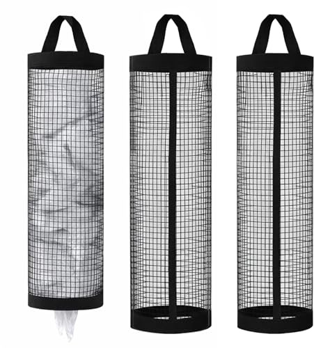 Thinp 3 Pcs Plastic Bag Holder, Grocery Bag Organizer Hanging Storage Dispensers Mesh Bags Dispenser Organizer Breathable Shopping Bags Storage for Home Kitchen Pantry (Black)
