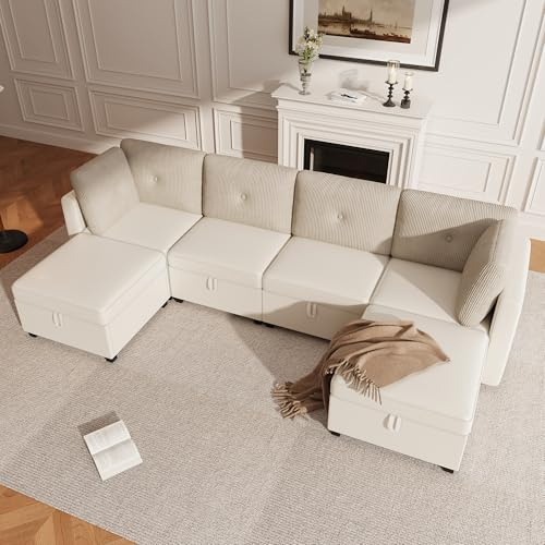 Ligterra Wohnlandschaft U Form, Modulares Sofa, Sofa mit Schlaffunktion, Ecksofa, Schlafsofa mit Versteckter Stauraum & 6 Kissen, Samt + Cord, Hochdichter Schaumstof, 261×132.5×85cm (Beige)