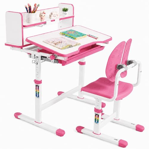 JOYLDIAS Kinderschreibtisch mit Stuhl höhenverstellbar, Kinder Schreibtisch Set mit Bücherregal, geteilter Rückenlehne, neigbarer Tischplatte 0–40°, Schublade und Haken, Rosa