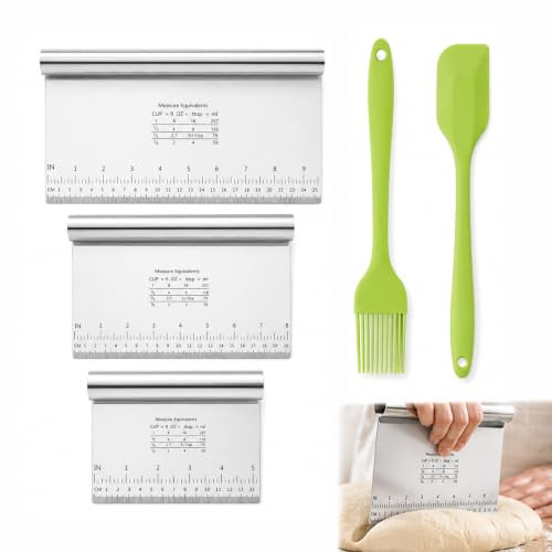 3 Stück Teigkarte Edelstahl, 15/20/25cm Teigschneider Set mit Messskala | Antihaft Teigschaber mit Silikonölpinsel & kleiner Spatel zum Portionieren & Schneiden, für Cake, Pizza, Torte, Dough, Backen
