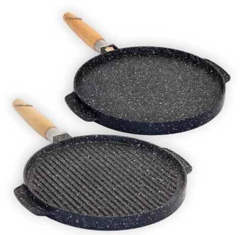 TexLom Bistecchiera Rettangolare,Quadtrata,Tonda Double-Face, Grill 2 in 1 con Lato Liscio e Grigliato, Alluminio Pressofuso Antiaderente Stone, Manico in Legno Removibile, (Tonda 32)