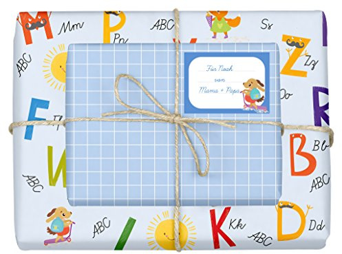 4x Geschenkpapier Einschulung für Jungen/Kinder (doppelseitig, blau) + 4 Aufkleber/Schulheft-Etiketten (Schulanfang, Schule, Schulkind) | (Einzelbögen 42x59cm, DIN A2)