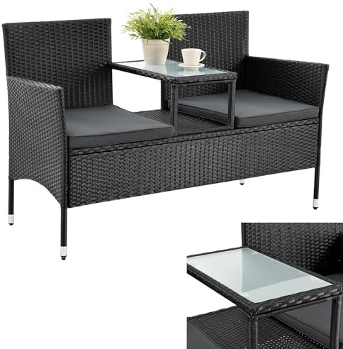 Juskys Polyrattan Gartenbank Monaco - 2-Sitzer Bank mit Tisch & Kissen - 133x63x84 cm - Rattan Sitzbank wetterfest Garten Balkon - schwarz