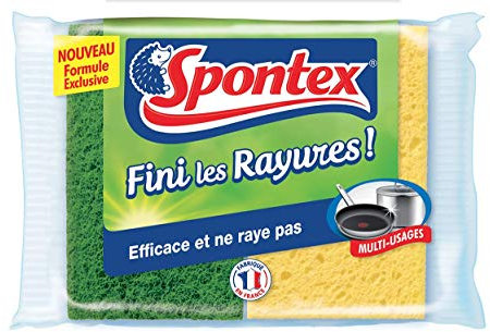 SPONTEX - Eponge Fini Les Rayures ! - 2 éponges Grattantes Non-rayantes Vertes