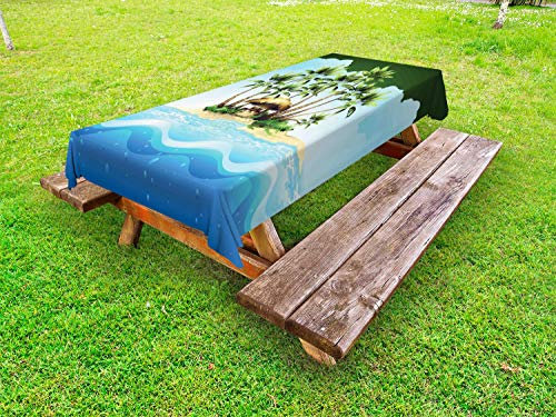 ABAKUHAUS Insel Outdoor-Tischdecke, Tropic Lands Kokosnuss-Palmen, dekorative waschbare Picknick-Tischdecke, 145 x 265 cm, Azure Blau Farn-Grün