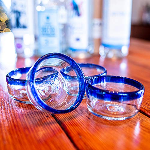 Mezcal Cups | Hand-Blown Glass, Artisan Crafted | Blue Rim Sipping Copitas | Perfect for Mezcal or Tequila | 2.5 oz. | Set of 4