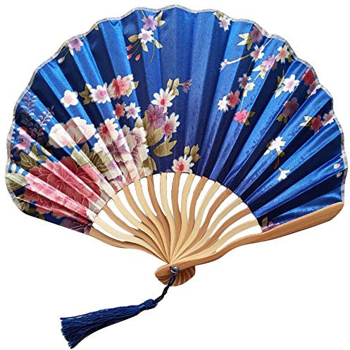 1SourceTek Ventagli pieghevoli in seta tenuti a mano, 21 cm, con custodia in tessuto, per regali, stile retrò cinese (blu scuro)