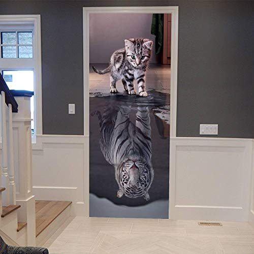 VIRANDA 3D Türtapete Selbstklebend TürPoster - Katze wird Tiger - Türaufkleber Fototapete Abziehen und Aufkleben Türfolie Poster Tapete 77x200cm