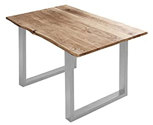 SAM Esszimmertisch 100x70 cm Billy, echte Baumkante, Esstisch aus Akazienholz massiv + naturfarben, Baumkantentisch mit U-Gestell Silber