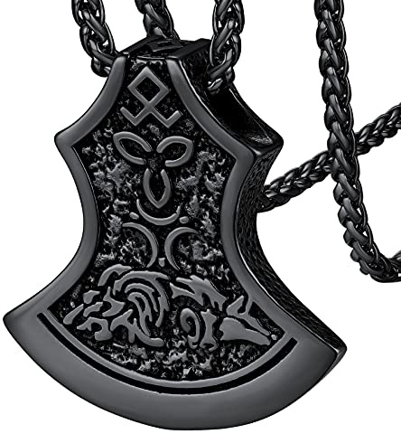 FaithHeart Viking Axe Pendant Protective Jewellery for Boys Black Norse Axes Necklace Stainless Steel Nordic Amulet Gifts for Famliy