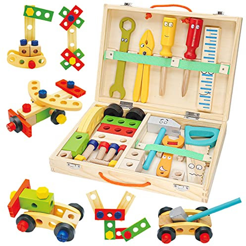 Withosent Werkzeugkoffer Kinder Holz, 34 Stück Werkzeug Kinder Holzspielzeug, Werkzeugsatz Holzwerkzeugen, DIY Autos Spielzeuge kinderspielzeug ab 3 Jahre Jungen Mädchen