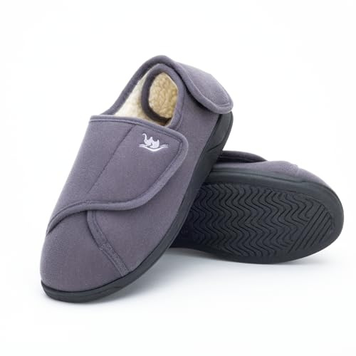 Happy Touch Diabetic Slippers Women, Lymphedema Shoes, Edema Shoes Swollen Feet, Indoor and Outdoor Hook and Loop, Non Slip House Shoes (Grey/White, 9)