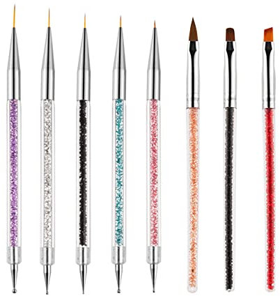 AUERVO 8PCS Nail Art Brushes, Nail Art Pens for Dotting Painting Tools Drawing Nails Brush Pen with Glitter Handle for DIY Nail Art Design