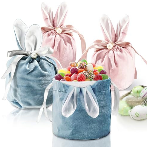 4 Piezas Bolsas de Conejitos de Pascua, Bolsitas para Regalos 18x15cm, Cesta de Pascua Conejo, Bolsas Chuches con Orejas, Nido de Pascua, Bolsas Pascua de Terciopelo, Regalo para Cumpleaños Rellenars