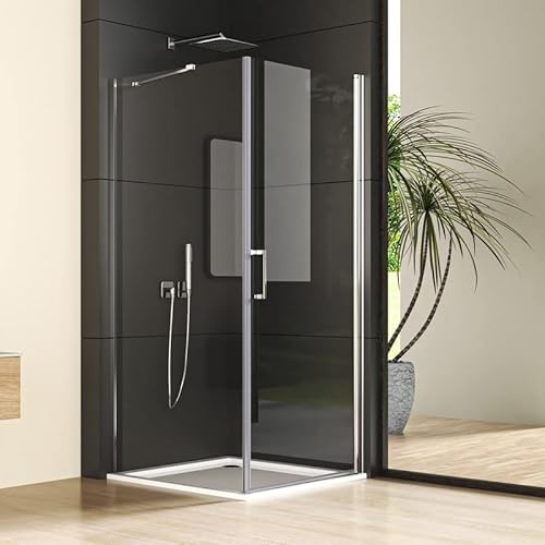 Duschkabine Schwingtür mit Seitenwand 80x80cm Eckeinstieg Duschabtrennung, Silber Einzelschwingtür mit festem Seitenteil, Duschwand mit 6mm NANO ESG Glas, Pendeltür Höhe 195cm