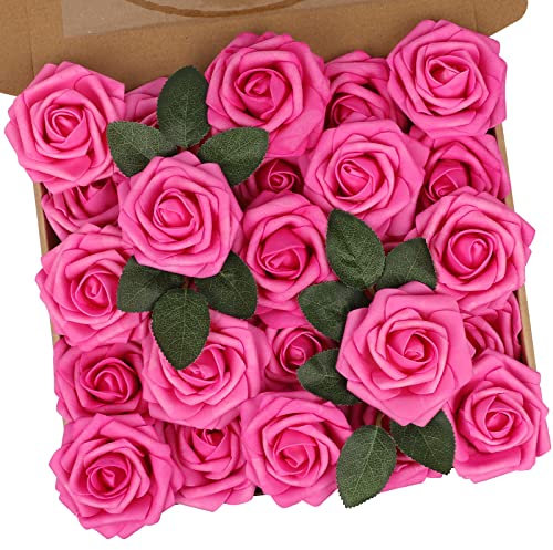 N&T NIETING Künstliche Rosen Blume, 25 Stück Schaumrosen Fake Rosen mit Stielen für Hochzeit Blumensträuße Braut Babydusche Party Zuhause Dekoration, Fuchsia