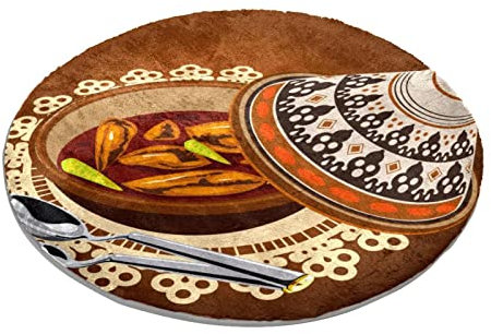 Sambal Tapis rond à poils longs doux et lavable Motif poulet Tajine Served with Olives Pot
