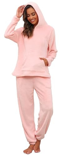 Vlazom Damen Schlafanzug Flanell Hausanzug Winter Pyjama Set Lang Zweiteiliger Schlafanzug | Warmes Fleece-Pyjama-Set für Damen, 2-teilig, Winter-Nachtwäsche mit Taschen und Kordelzug für kalte Tage S-XXL