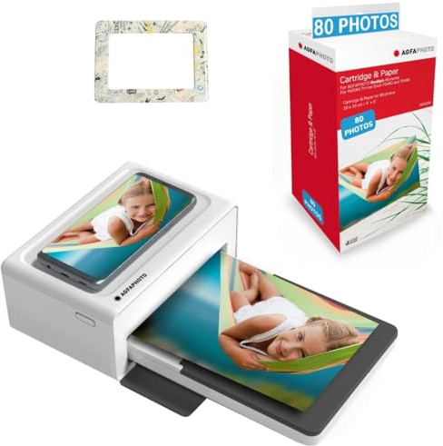 AgfaPhoto Pack Imprimante Realipix Moments + Cartouches et papiers 80 Photos + Joli Cadre magnétique - Impression Bluetooth Photo 10x15 cm, iOS et Android, 4Pass Sublimation Thermique - Blanc