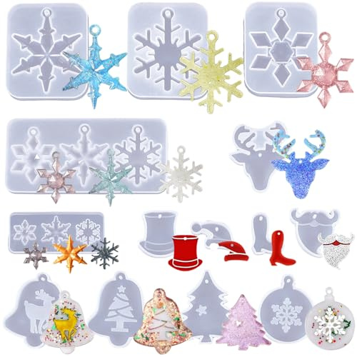 BDSHUNBF 14 Pcs Moules en Résine de Noël, Moule Silicone Resine Époxy Noël, Fabrication de Bijoux Moule de Décoration de Noël Arbre Flocons de Neige Renne Bricolage Cadeaux de Noël
