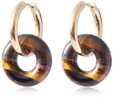 Edelstein Ohrringe Damen,Klassische Doppel-Creolen Für Damen Mit Tigerauge-Anhänger – Goldene Ohrringe Für Einen Zeitlosen Look