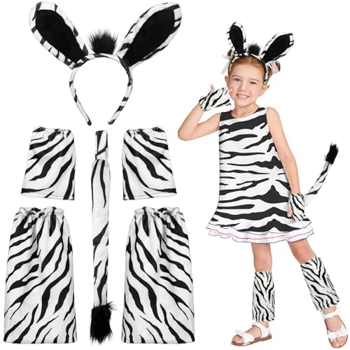 Hifot 6 Pezzi Set di Costumi per Zebra, Zebra Cerchietto con Orecchie Coda Guanti Scaldamuscoli, Zebra Costume Animale Accessori per Bambini Adulti per Cosplay Halloween Carnevale Festa a Tema
