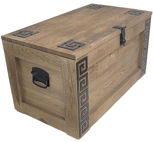 weeco Holztruhe griechisches Design mit Räder. Holzkiste Truhe 80x47x45cm Couchtisch, Schatztruhe Beistelltisch klappbarem Deckel und Stauraum, Holzmobel kiste, spielzeugkiste, Handarbeit