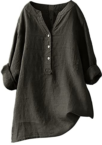 SCBFDI Blusen & Tuniken für Damen, Leinenbluse Damen Sommer Langarm Große | Größen Hemdbluse Stehkragen Elegant Longbluse mit Knopf Mittelalter Tuniken Damenblusen