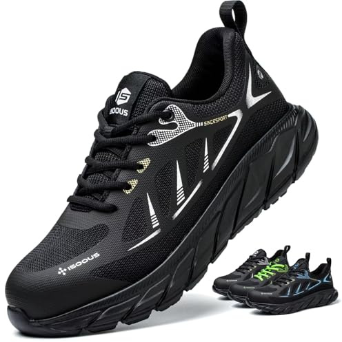 ISOOUS Zapatos de Seguridad Hombre Mujer Calzado de Seguridad Ligero Antideslizante Zapatos de Trabajo Comodo con Punta de Acero Transpirable Negro 41