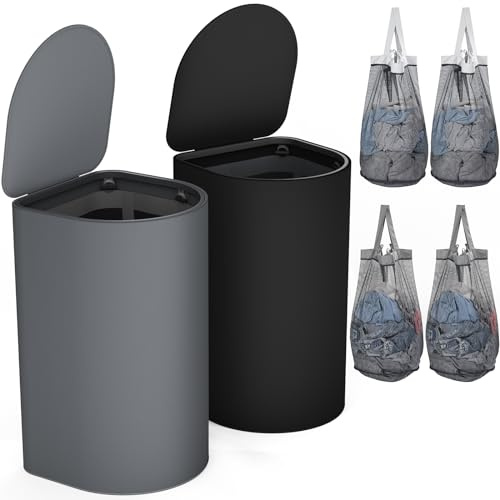 HELLKOPF 2er Pack Wäschekorb mit Deckel 140L Groß Kapazität - Wäschesammler mit 2 Fächer zum Sortieren der Schmutzwäsche, 4 Abnehmbar Innensäcke, Laundry Baskets Einfach Montieren, SchwarzDunkelgrau