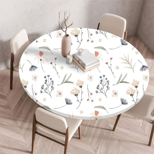 Highdi 3D Mantel Redondo con Bordes Elástica, Manteles Impermeables Antimanchas Lavable para Decoración Hogar Comedor Cumpleaños Jardín (120cm,Follaje de Flores)