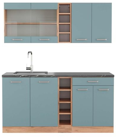 Vicco Singleküche R-Line, Blau-Grau/Goldkraft Eiche, 160 cm, AP Anthrazit, zur individuellen Kombination und Erweiterung geeignet