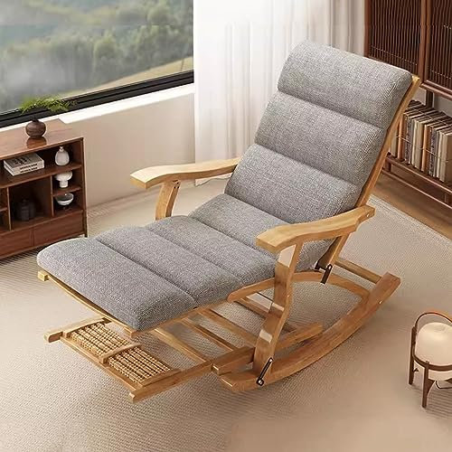 Klappbarer Schaukelstuhl aus Holz, Schaukelstuhl, Liegestuhl, Garten-Relaxsessel für Erwachsene und Senioren, Terrassenstühle mit Fußstütze und Armlehne, ergonomische Rückenlehne verstellbar (Farbe: