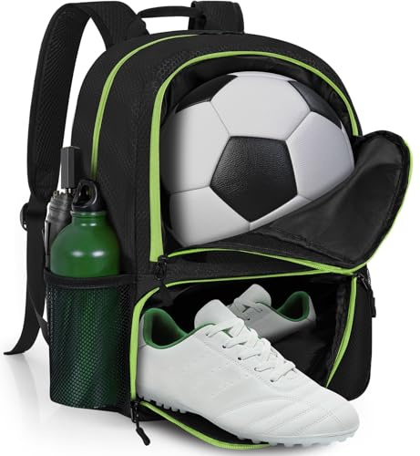 GMAK Soccer Backpack, Soccer Bag with Ball Compartment & Shoe Compartment for Football, Basketball, Volleyball, Water resistant Sport Equipment Bags, Lightweight Training Package for Youth, Black