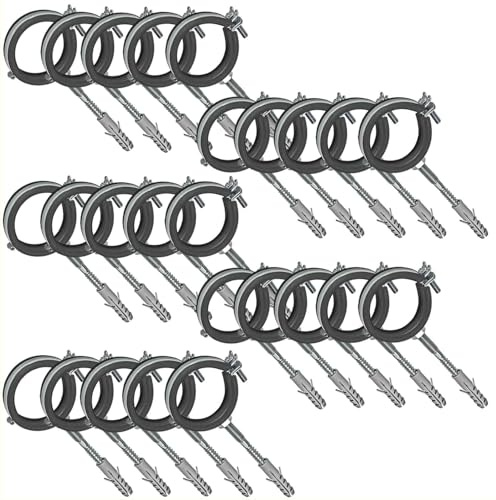 MegaHaustechnik Gelenk-Rohrschellen aus Stahl verzinkt, Set 25 Stück mit Stockschrauben und Dübel, Spannbereich 107 bis 112mm Rohr-Außendurchmesser 4 Zoll, mit Schallschutz, mit M8 Gewinde-Mutter