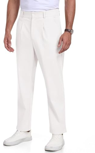 MoFiz Pantalone Lino Uomo con Bottoni Estivi Uomo Lunghi Lino Loose Fit Cotone Pantalone per La Spiaggia, Le Vacanze Bianco L