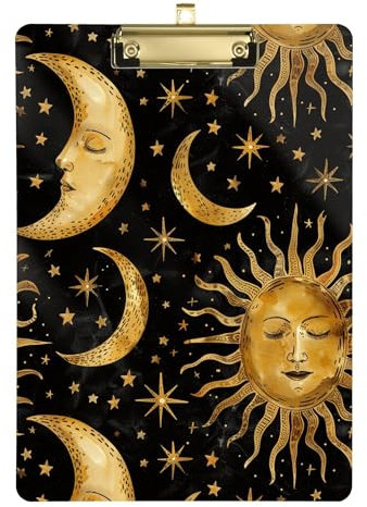 Goldene Sonne, Mond, Sterne, Boho auf schwarzem Klemmbrett, A4, 31,8 x 22,9 cm, Kunststoff-Klemmbrett mit niedrigem Profil-Clip für LKW-Fahrer
