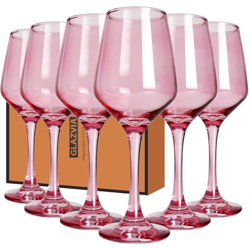 GLAZVIA Pink Wine Glasses Set of 6, 12oz Stemmed Glasses, Thick & Colored