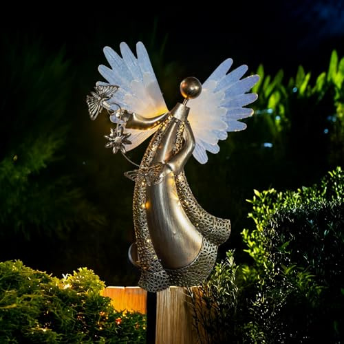 Quterhero Solar Angel Garden Lights, Outdoor LED Metal Decor with Butterflies and Flower, Waterproof Pathway, Lawn Lighting, Unique Gift for Women, Mom, Friends(Butterflies Flower)