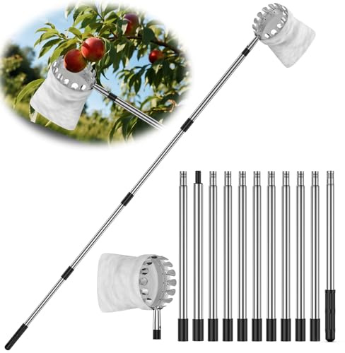 BURMONG 13.8 FT Fruit Picker Tool with Stainless Steel Pole & Soft Basket – Adjustable Tree Fruit Harvester for Apple, Mango, Avocado, Orange, Pear, Lemon & More – Lightweight & Rust-Resistant