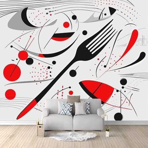 Papier Peint Panoramique 250 X 175 Cm Style Abstrait Fourchette Formes Géométriques 3D Intissé Rouge Noir– Fresque Murale Personnalisée Pour Salon, Chambre, – Poster Géant Décoratif Moderne