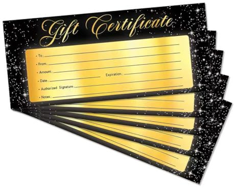 Blank Gift Certificate for Business, 25 Black Gold Gift Certificate Cards for Spa Restaurants Salon, Custom Client Vouchers for Birthday, Fill in Blank Work Business Present Cards, 3. 5 x 8 Inch -A07