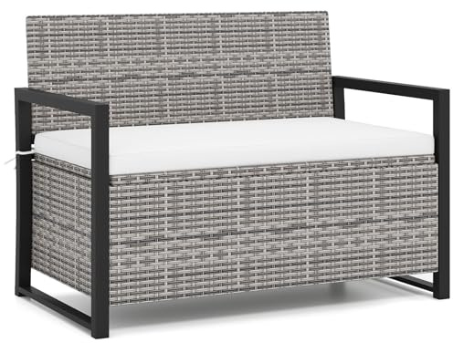 COSTWAY 2 Seater Garden Storage Bench, PE Rattan Deck Box Seat with 150L/170L Box and Padded Cushion, Wicker Outdoor Loveseat Park Bench Chair (Mix Gray, 117 x 62 x 85 cm)