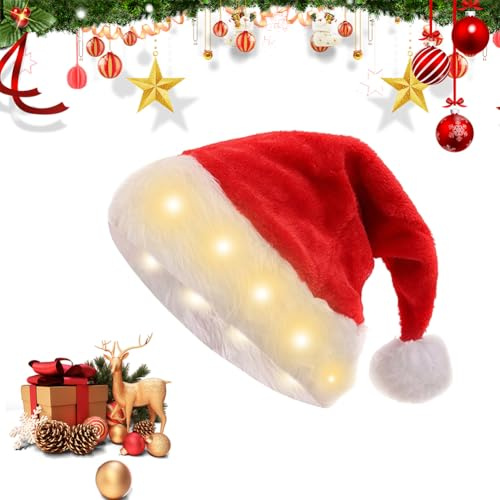 CEWROM LED Weihnachtsmütze, Rot Nikolausmütze Plüsch Weihnachtsmütze Santa Mütze, Nikolaus Warm Dicker Fellrand Weihnachtsmann Mützen für Weihnachten Neujahr Feiertagsparty