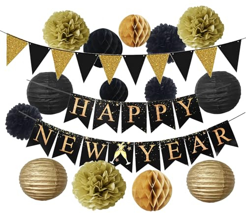 Silvester Deko 2026 mit Happy New Year Girlande 16 Stück Silvester Decoration Party Set Neujahr Silvesterdeko Wiederverwendbare Gold Wimpelkette Pompons Wabenbälle Papierlaternen Deko 2026