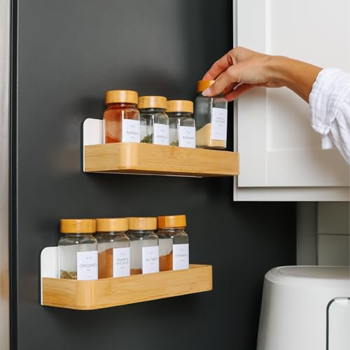 Magnetic Fridge Shelf Set – Kitchen Edge 2-Piece Bamboo Shelves with White Metal, 11in x 3.5in x 3in, Holds up to 10lbs, Secure Space-Saving Design