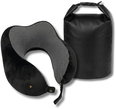 Coussin de Voyage à Mémoire de Forme - Oreiller Cervical Ergonomique pour Avion, Voiture & Train - Kit Confort avec Housse Lavable, Bouchons d'Oreilles et Sac de Transport - Soutien Tête & Nuque