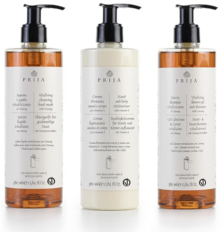thehotelery.de PRIJA XL Set 3 x 380 ml sapone liquido ginseng, shampoo per pelle e capelli, lozione per il corpo, spa hotel, sapone rivitalizzante con ginseng, lozione per mani e corpo con vitamina E