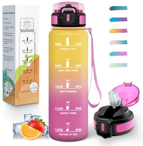 Mulbijeo Borraccia 1 Litro, Libre de BPA & A Prova di Perdita, Borraccia con Cannuccia, Reutilizables, Borracce Motivazionale, Portatile, Borracce Palestra per Scuola, Palestra, Ufficio, Festa